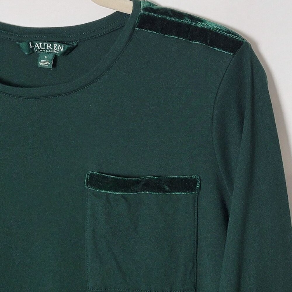 Lauren Ralph Lauren Womens Green Velvet Accents Long Sleeve Top Large - Picture 5 of 10